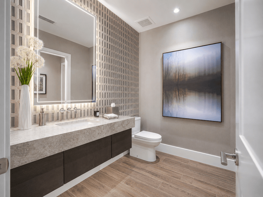 Bathroom vanity cabinet finish and hardware detail