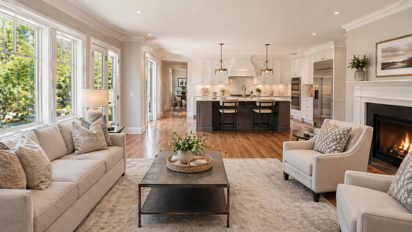 Wood and painted cabinetry combination in an open plan kitchen