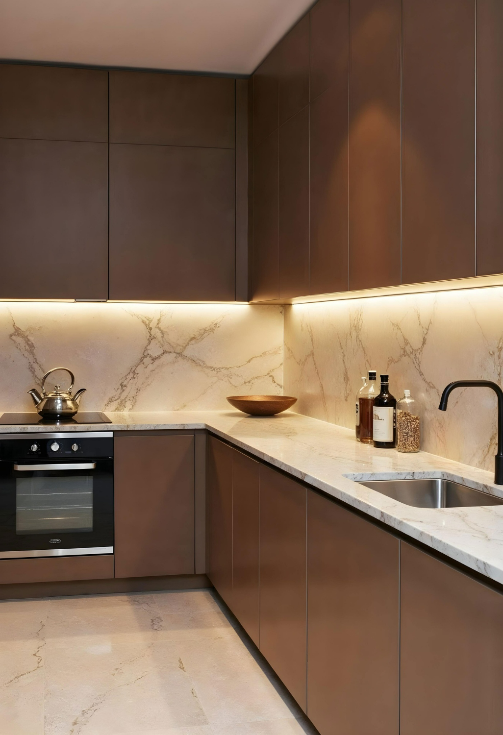 Marble countertop and backsplash detail in a remodelled kitchen