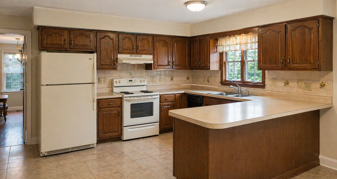 Dated oak kitchen cabinets awaiting replacement in Connecticut