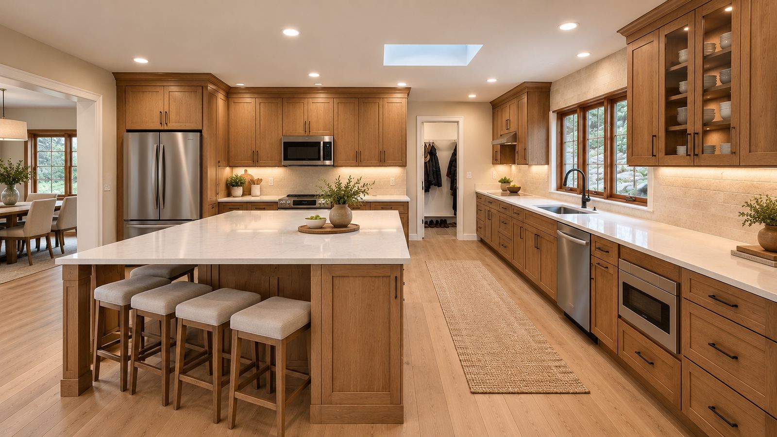 Custom natural wood kitchen in Wilton CT with a white-top island and skylight