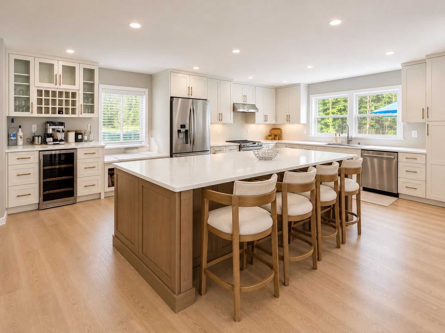 Fabuwood Galaxy Dove kitchen in Fairfield CT with a Desert Oak island and seating