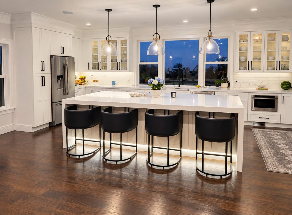 White kitchen with a large quartz island, black counter stools and glass pendant lights