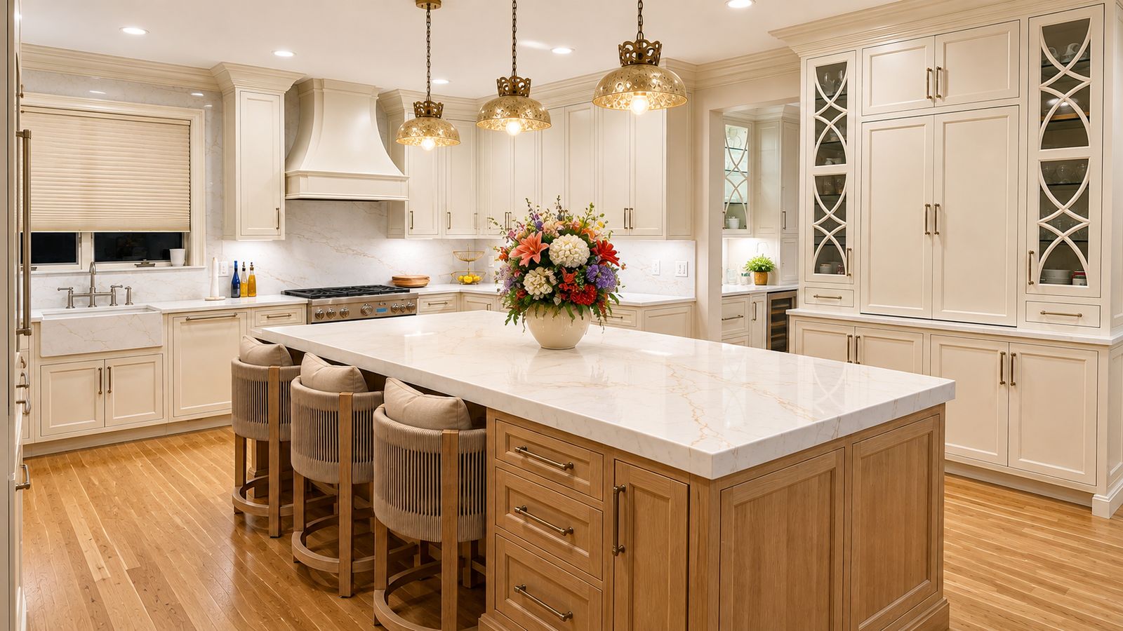 Luxury flush inset kitchen in Ridgefield CT with maple Alpine cabinetry and a white oak island
