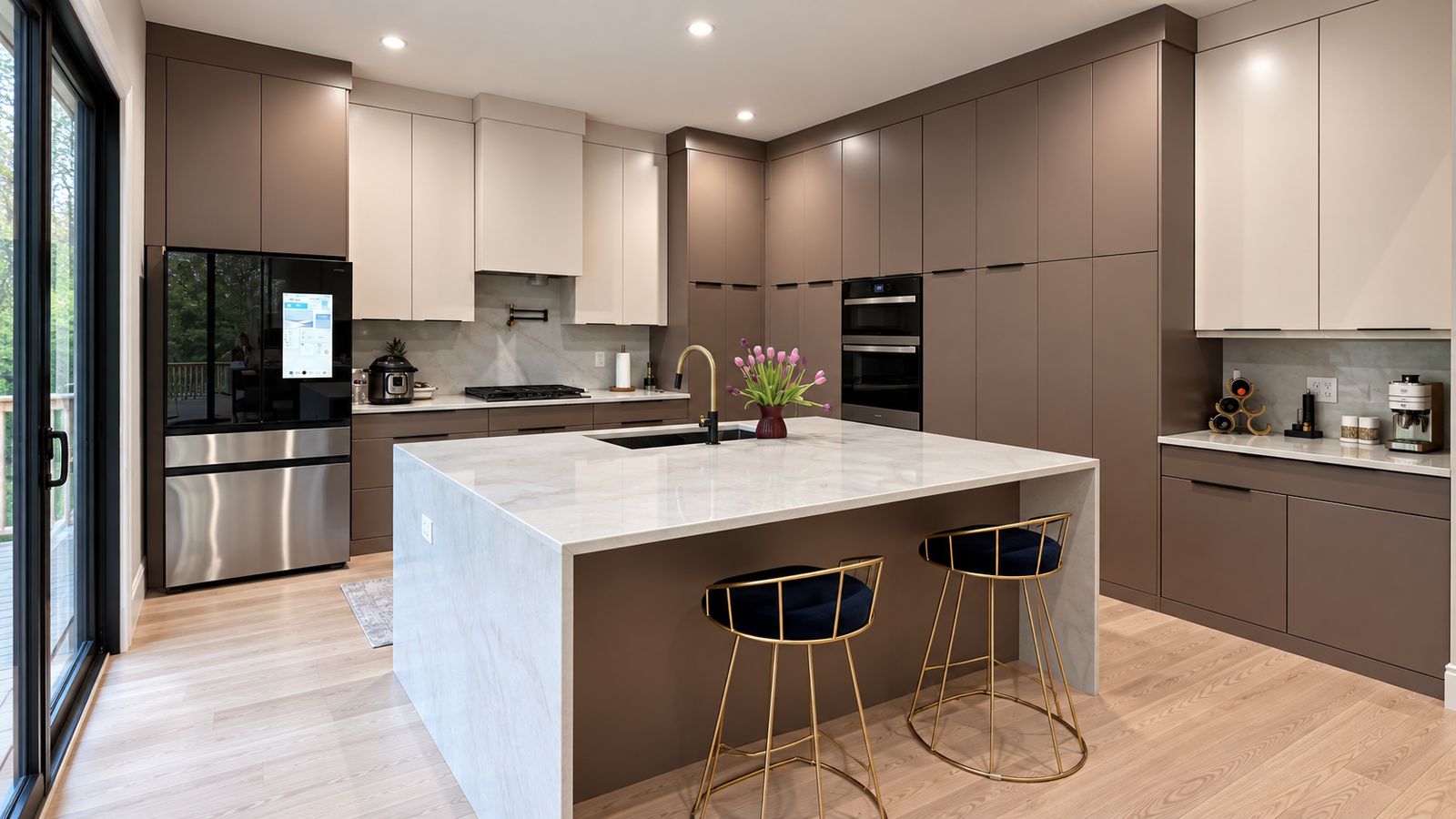 Contemporary two-tone kitchen in Westport CT with a waterfall stone island and gold bar stools