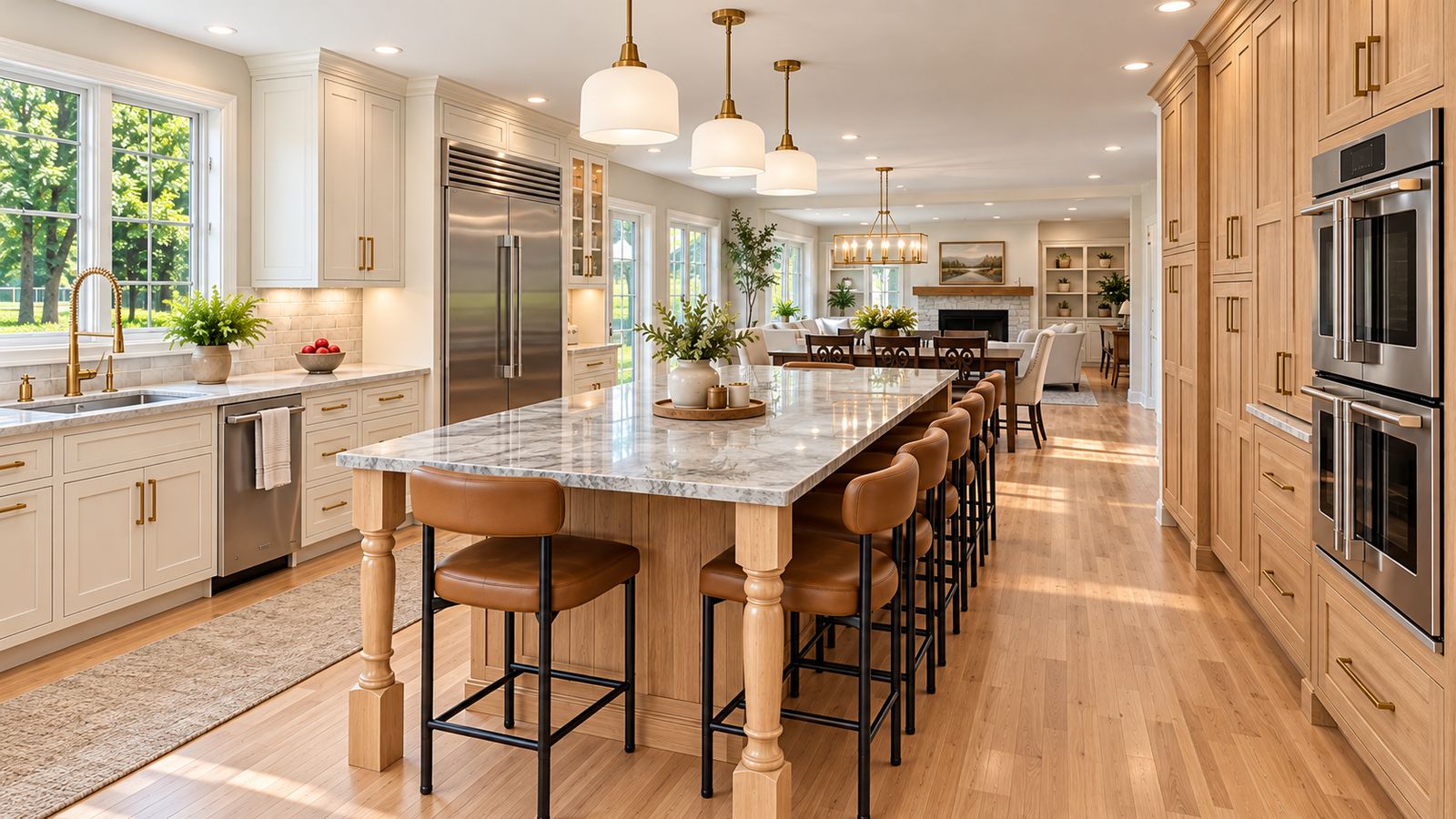 Luxury natural wood kitchen in Southbury CT with a long furniture-style island