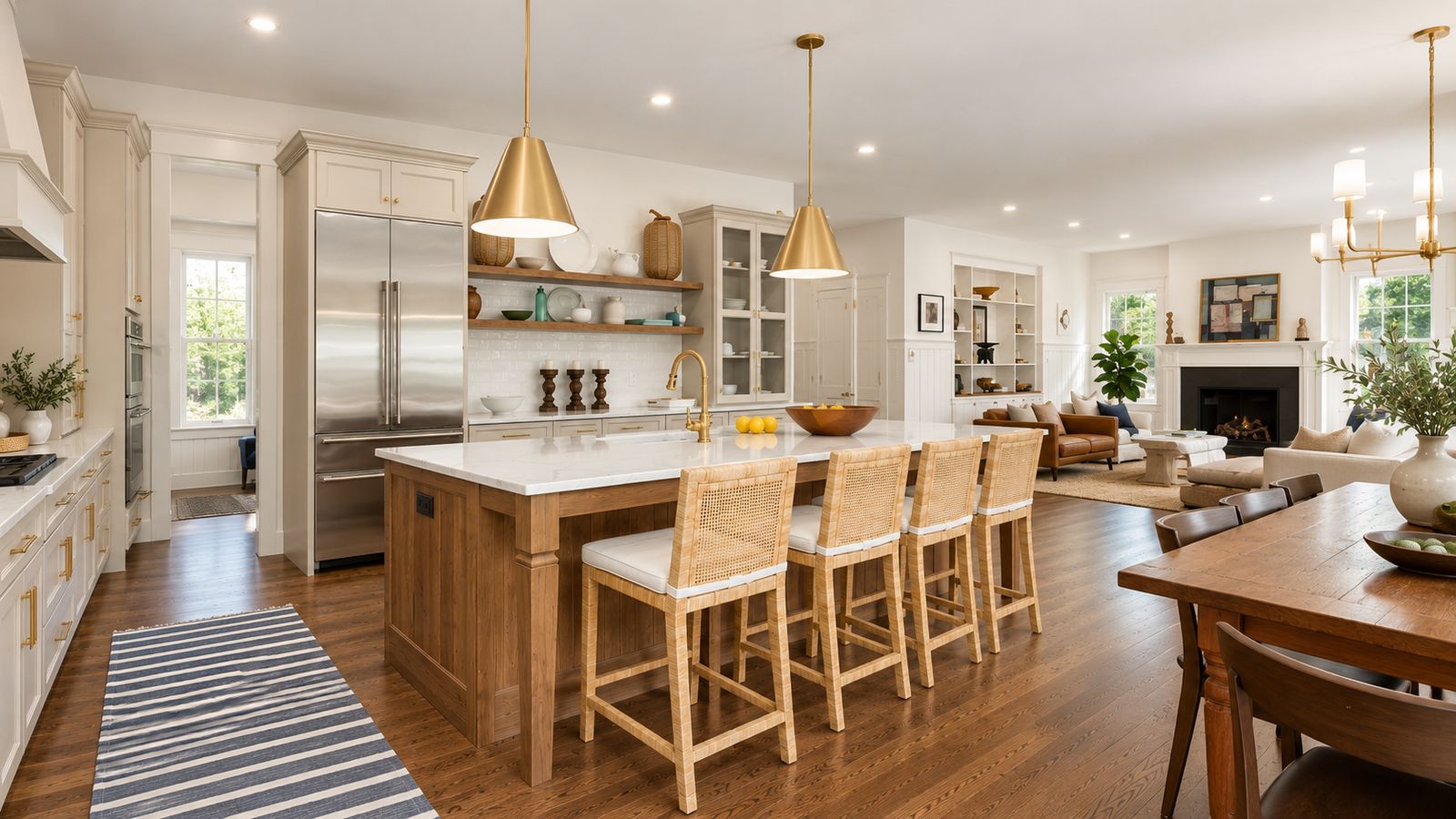 Open-concept white Shaker kitchen in Bantam CT with a natural wood island and brass pendants