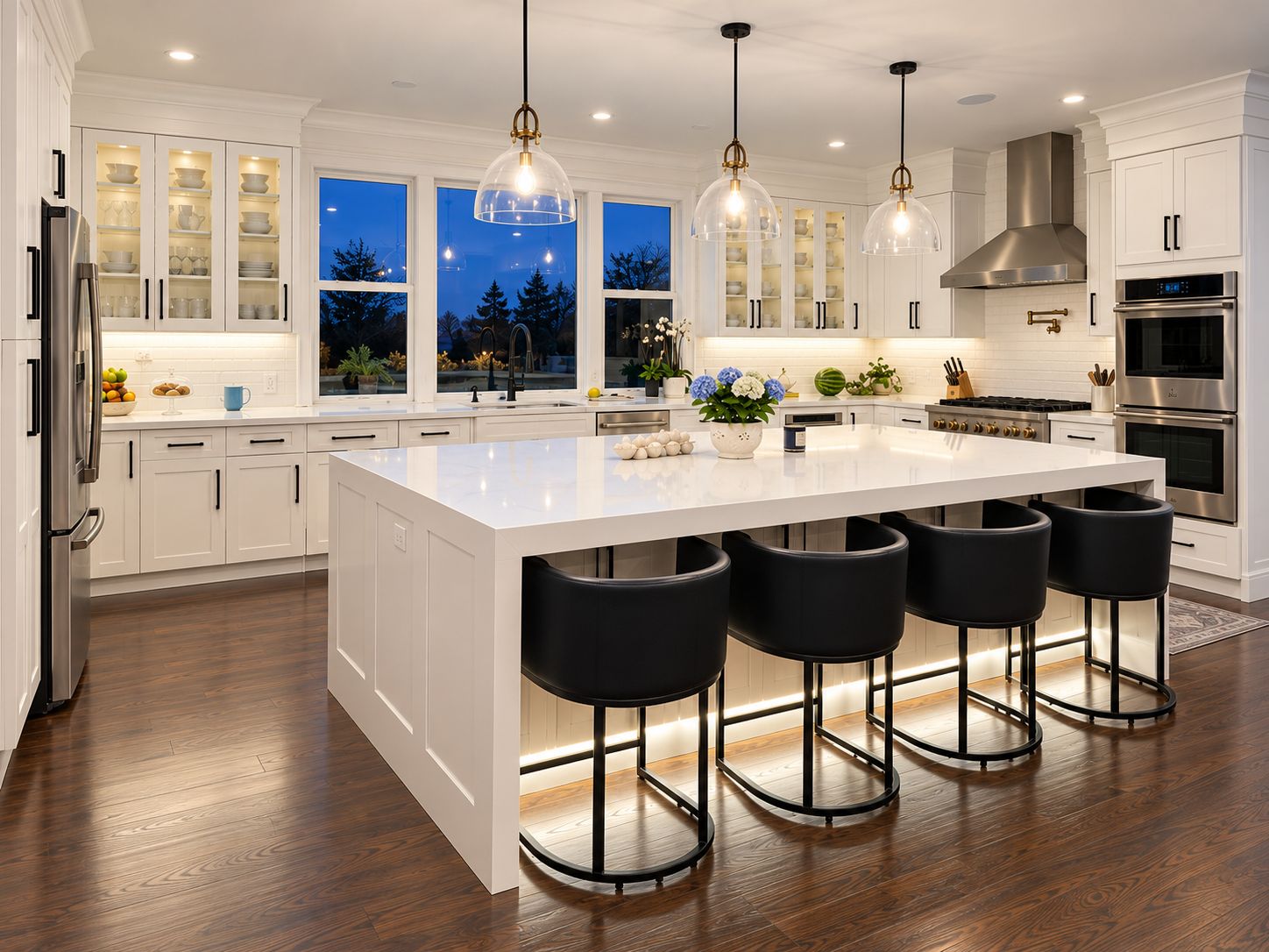Luxury white Shaker kitchen in Greenwich CT with an oversized waterfall quartz island
