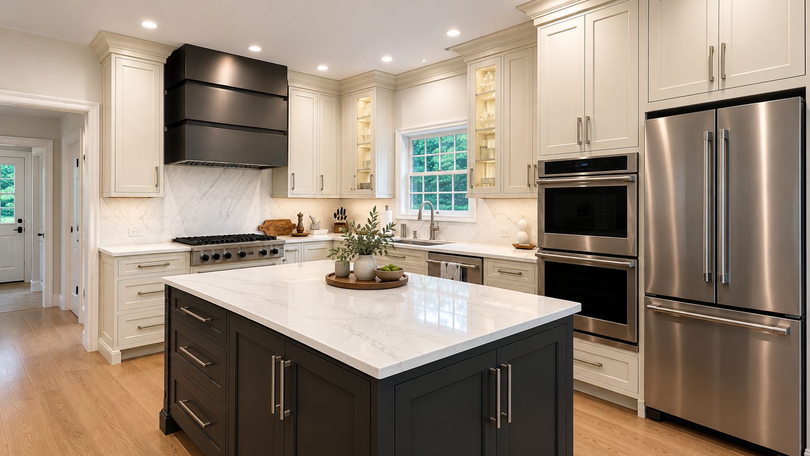 Mouser kitchen cabinets in Cross River NY with a charcoal island and Cambria quartz